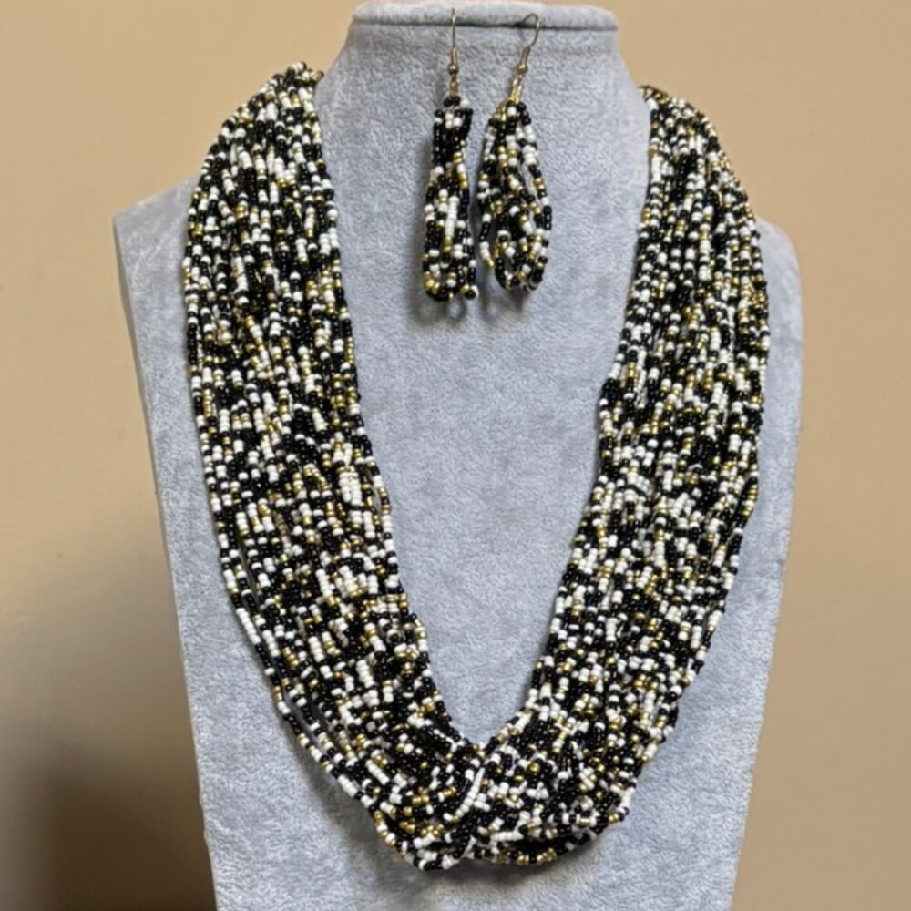 Multi Strand Black, white And Gold Glass Seed Bead Necklace Earring set